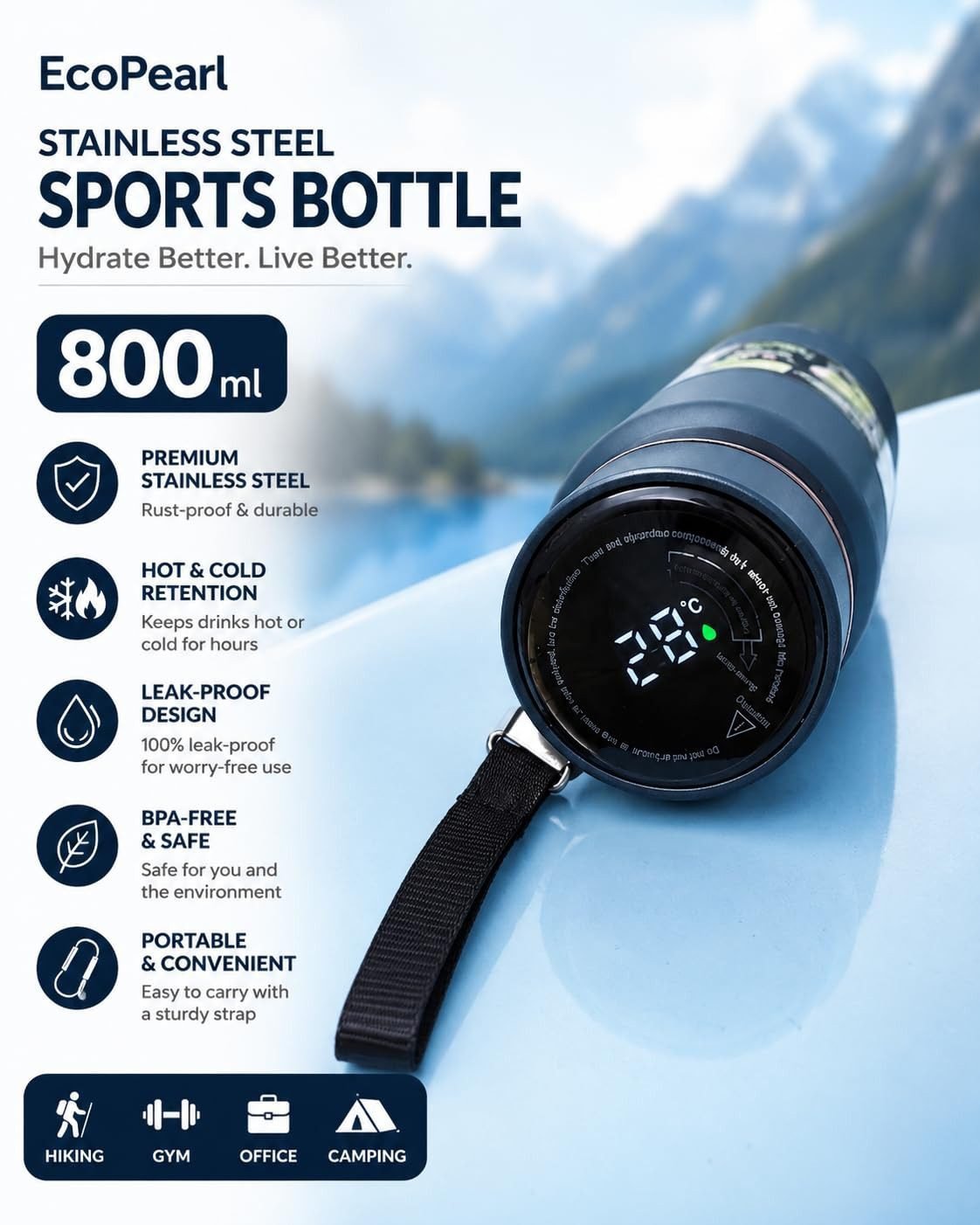 Insulated Stainless Steel Water Bottle with Temperature Display – 800ml - Image 4