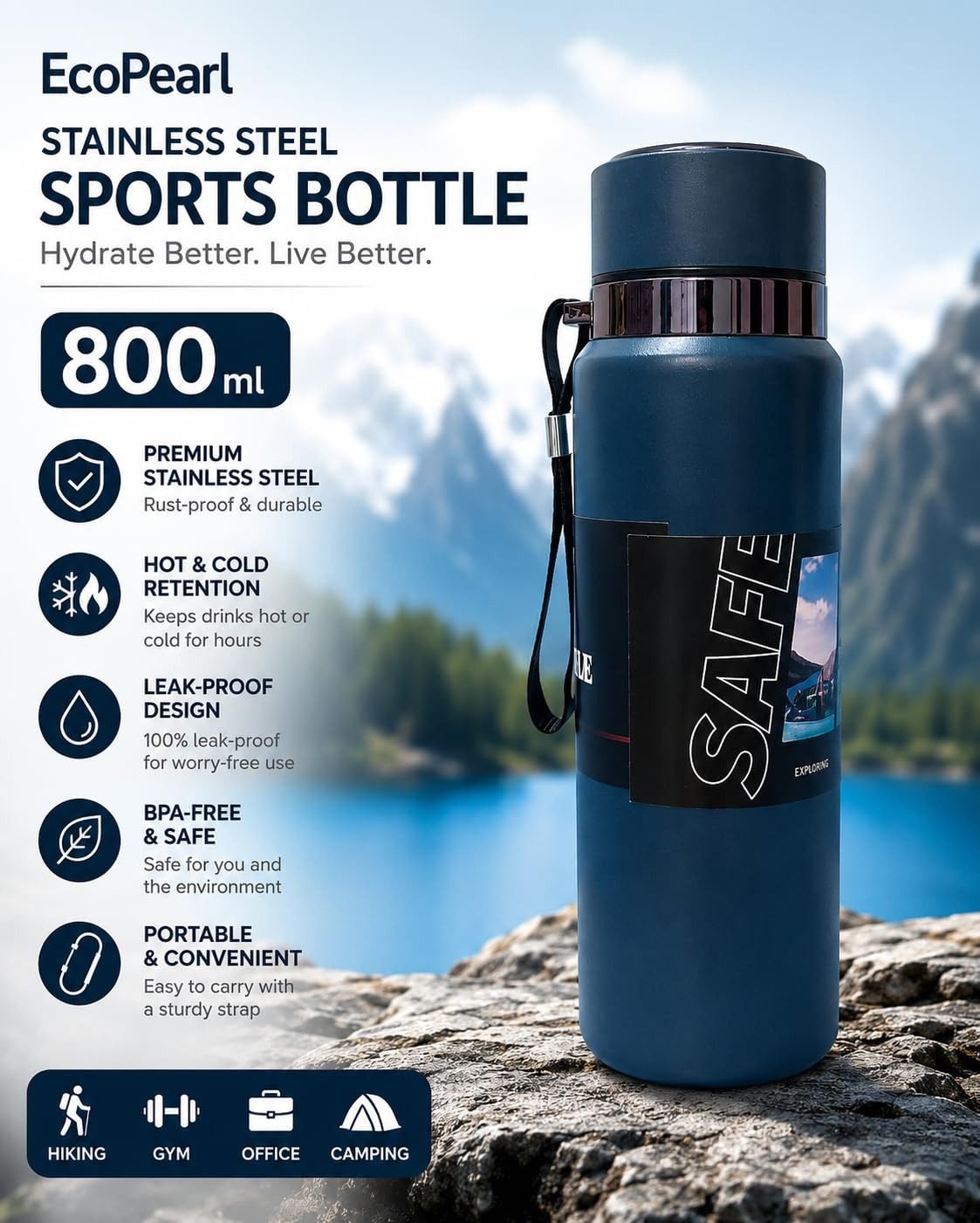 Insulated Stainless Steel Water Bottle with Temperature Display – 800ml - Image 3