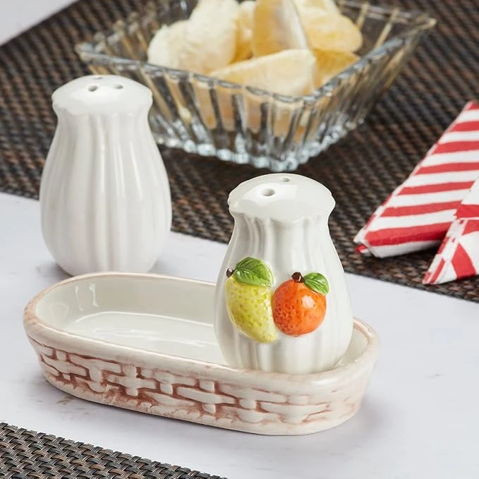 White Ceramic Salt and Pepper Shaker Set with Tray - Image 2