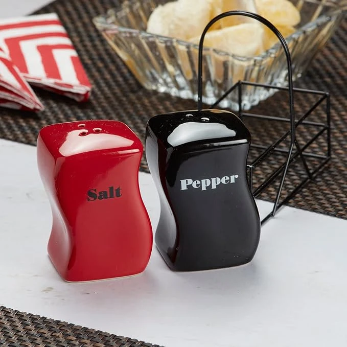 Red & Black Ceramic Salt & Pepper Set with Metal Stand - Image 2