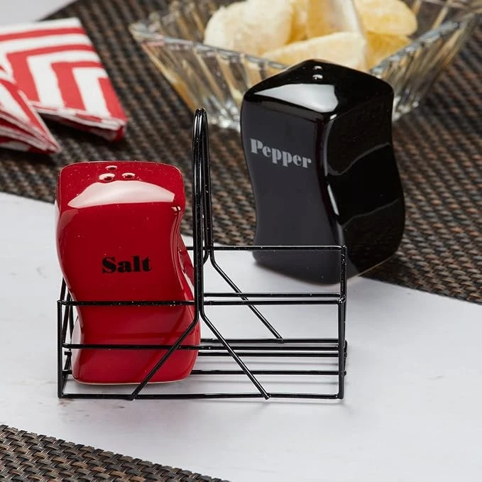 Red & Black Ceramic Salt & Pepper Set with Metal Stand - Image 3