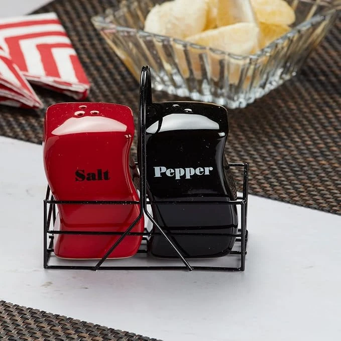 Red & Black Ceramic Salt & Pepper Set with Metal Stand