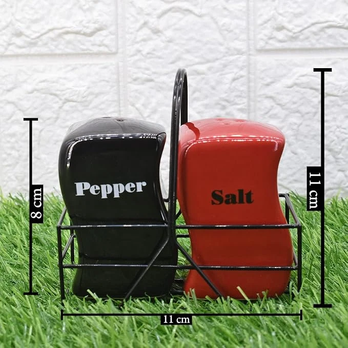 Red & Black Ceramic Salt & Pepper Set with Metal Stand - Image 4
