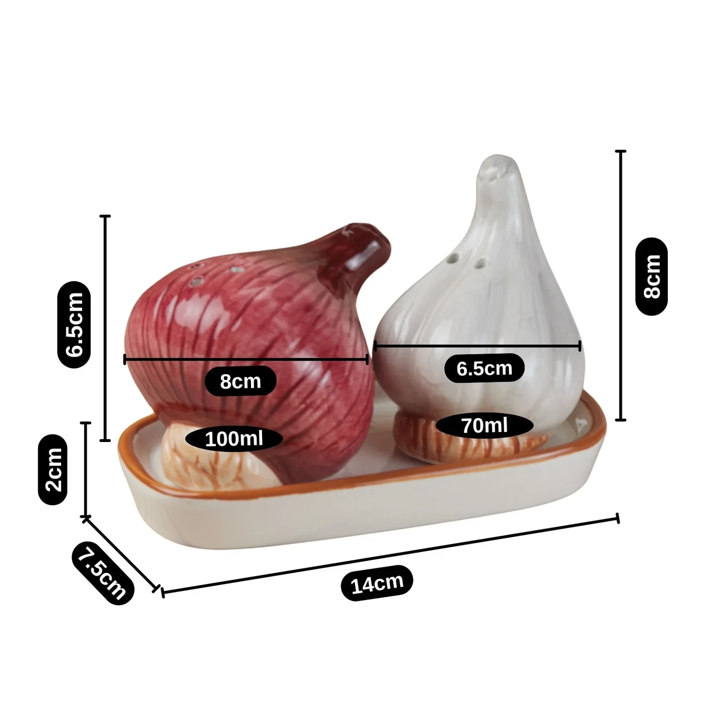 Garlic & Onion Ceramic Salt and Pepper Shaker Set with Tray - Image 2