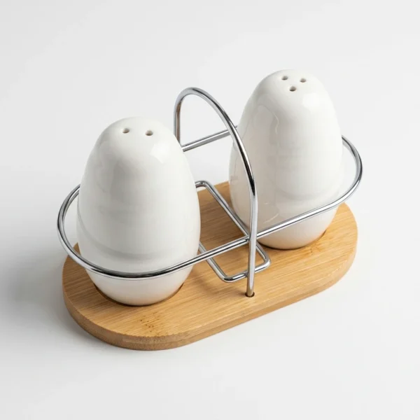 Ceramic Salt and Pepper Shaker Set with Bamboo Base