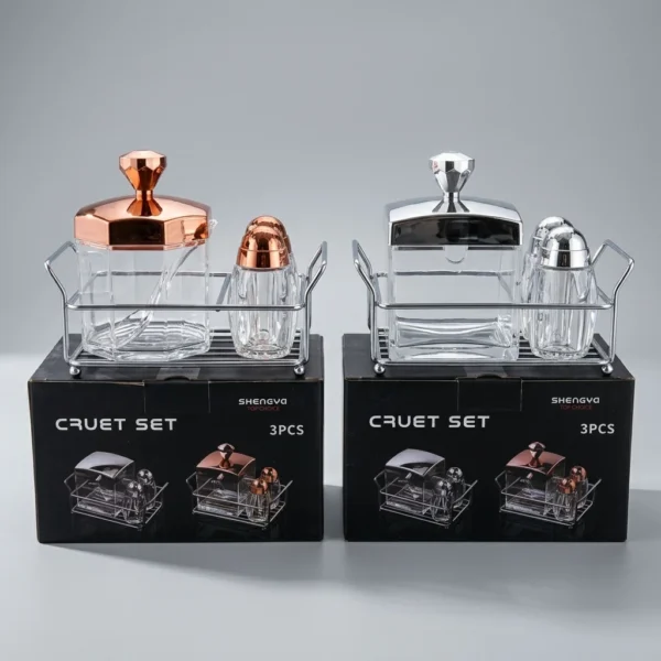 Shengya 3-Piece Acrylic Cruet Set with Stainless Steel Stand