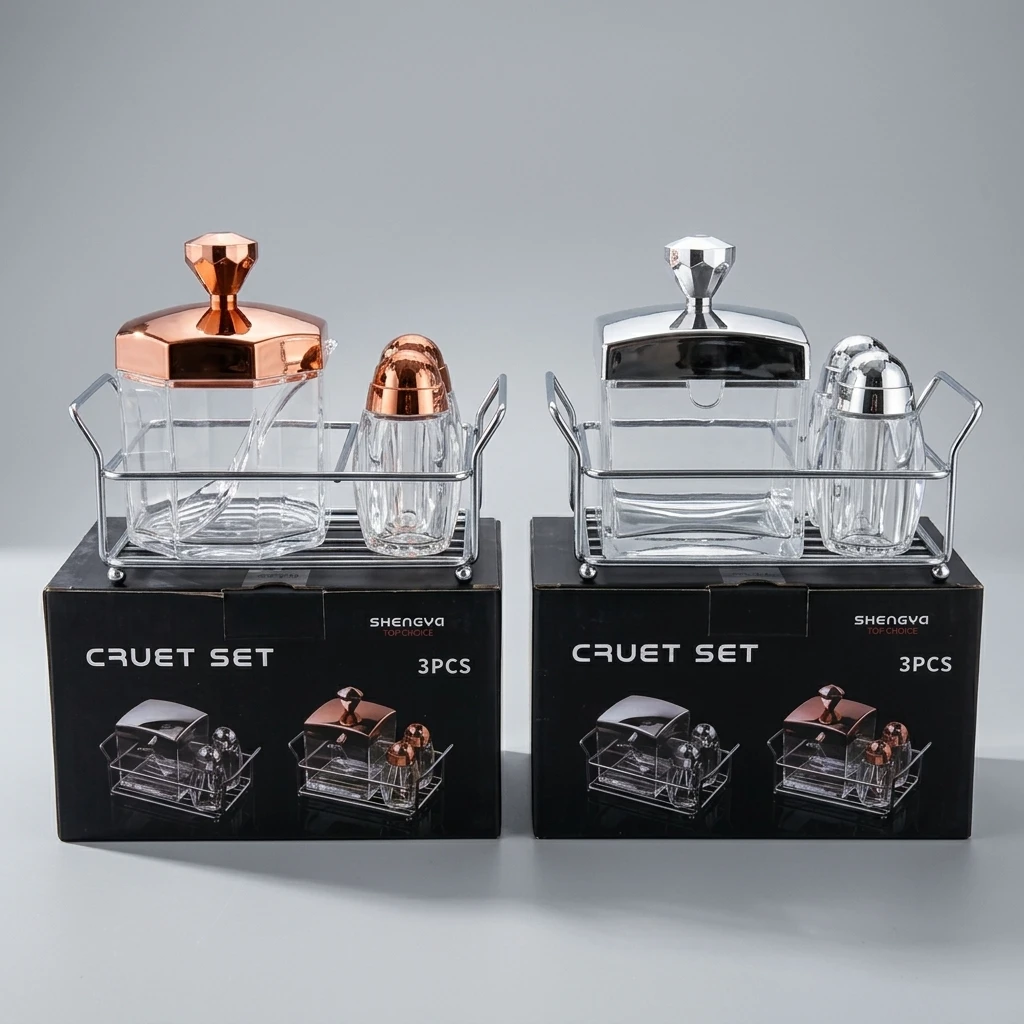 Shengya 3-Piece Acrylic Cruet Set with Stainless Steel Stand