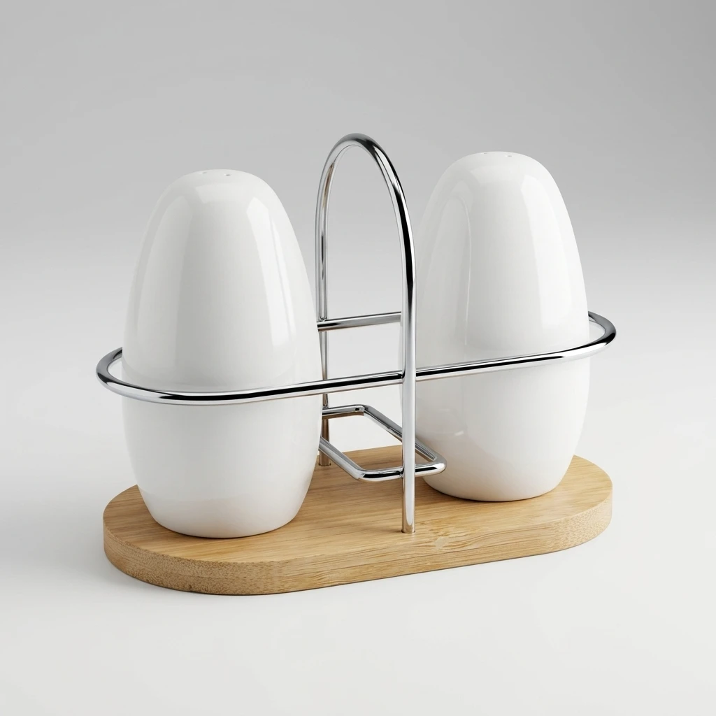 Ceramic Salt and Pepper Shaker Set with Bamboo Base - Image 2