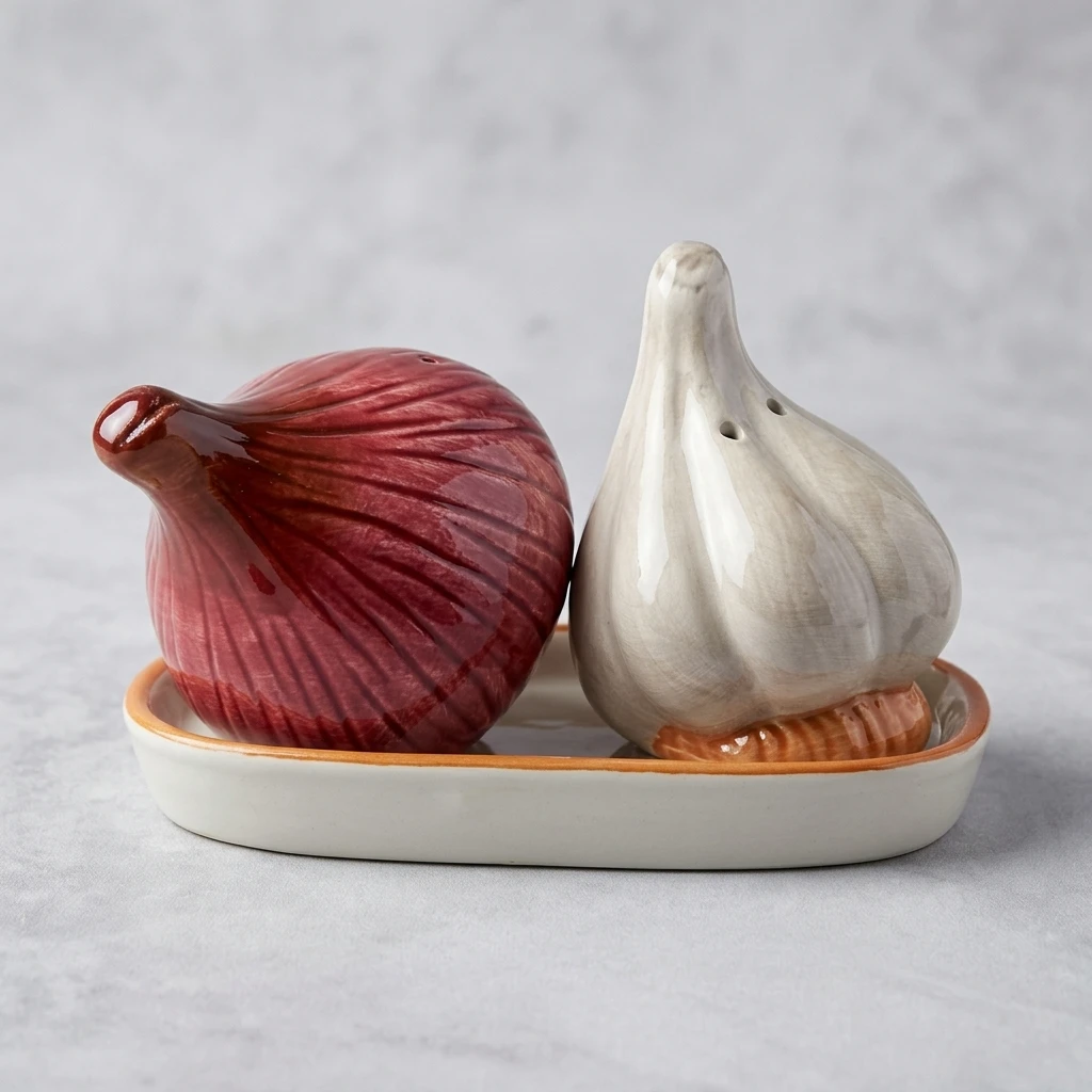 Garlic & Onion Ceramic Salt and Pepper Shaker Set with Tray