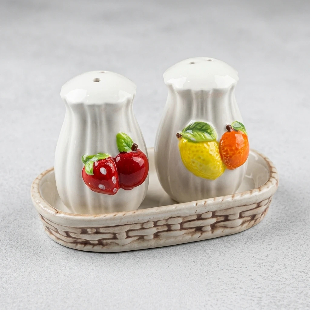 White Ceramic Salt and Pepper Shaker Set with Tray - Image 3