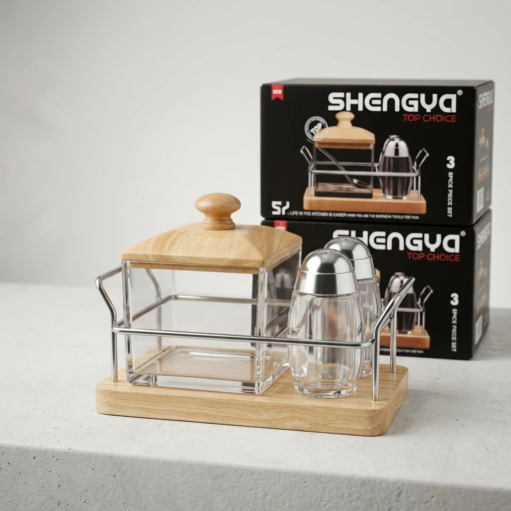 Shengya 3-Piece Acrylic Cruet Set with Stainless Steel Stand - Image 3